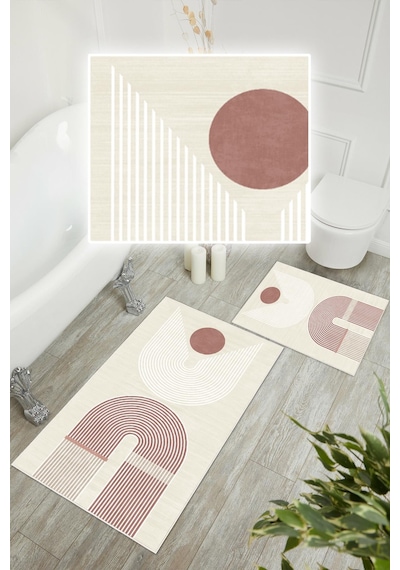 Dijital Baskı Modern Kaymaz Taban 2li Set Banyo Paspası Klozet Takımı 50x60cm-60x100cm Pembe