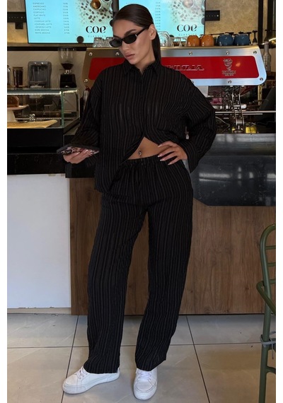 Madmext Siyah Transparan Relax Fit Çizgili Takım Mg2740