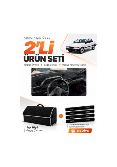 Mıtsubıshı Lancer 1987-1991 Uyumlu Torpido Örtüsü + Tay Tüyü Bagaj Çantası + Sticker - Siyah Gri