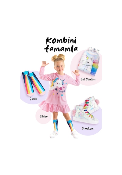 Denokids Kız Çocuk Unicorn ve Yıldız Desenli Pamuklu Pembe 2'li Paket Çorap 2-9 Yaş