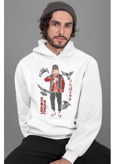 Sevbano Uchiha Itachi Baskılı Unisex Oversize Naruto Anime Hoodie beyaz