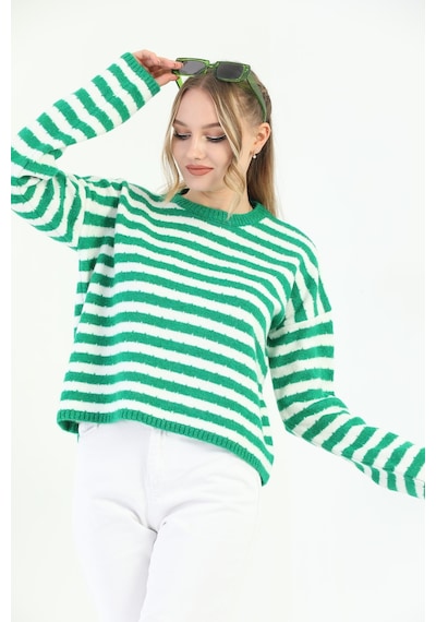 Youknitwear You Angora Çizgili Kazak Yeşil