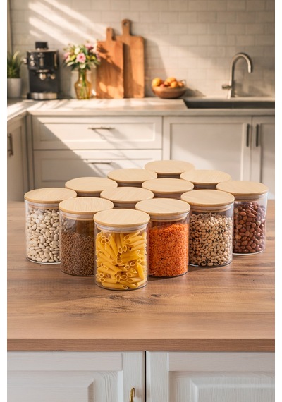 Porsima 1-4 Bambu Vakumlu Kapaklı Yuvarlak Cam 12li Kavanoz Seti Saklama Kabı 750ml 10x12cm