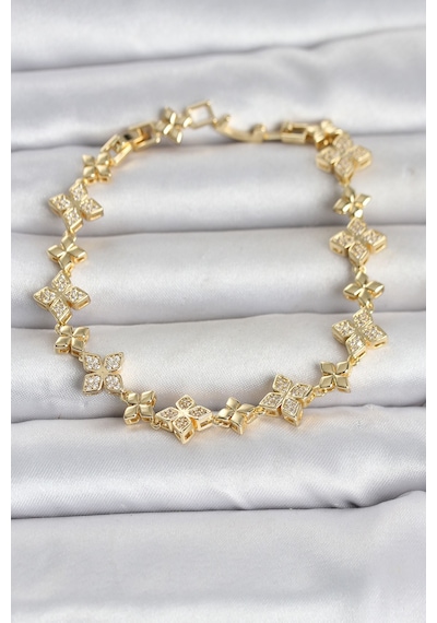 Pirinç Zirkon Taşlı Yonca Model Gold Renk Kadın Bileklik Çok Renkli 03170246