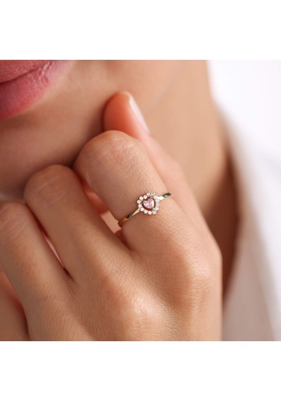 Altın Kalpli Yüzük Pink Topaz T12638 Renkli