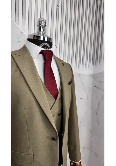 Dupont Classics Dupont Erkek Slim Fit Yelekli Takım Elbise 6 Drop Çift Yırtmaç Açık Vizon Dupont Classics Dupont Erkek Slim Fit Yelekli Takım Elbise 6 Drop Çift Yırtmaç Açık Vizon