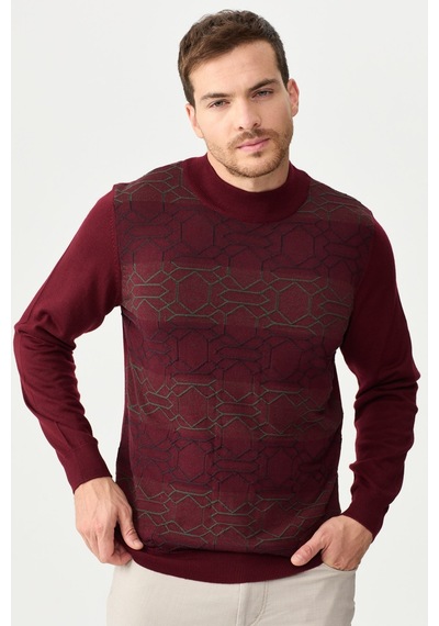 Erkek Yarım Balıkçı Yaka Önü Desenli Kazak Bordo Bordo