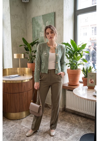 Sayzen Your Shine Dantel Desenli Gold Düğmeli Basic Ceket Çağla