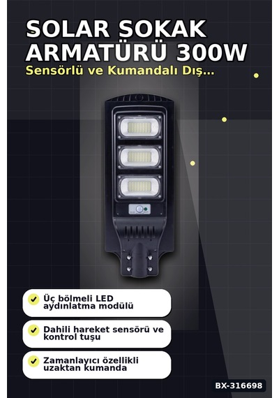 Solar Sokak Armatürü 300w Kumandalı Bahçe Lambası Mekan Aydınlatma Bx-316698
