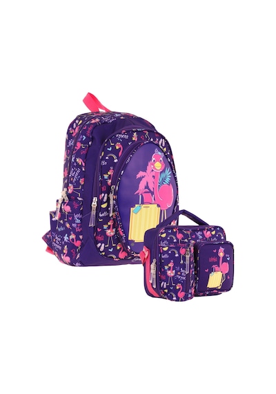 Kaukko Kids Flamingo Detaylı Okul Çantası L5223 Ve Thermo Beslenme Çantası L7223 Seti - Kız Çocuk Mor - Pembe