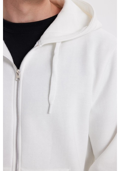 Tudors Unisex Relax Fit Rahat Kesim Pamuklu İçi Polarlı Çift Cepli Tam Fermuarlı Beyaz Kapüşonlu Sweatshirt-41646 Beyaz