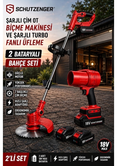 Schutzenger 662RN Şarjlı Ot Çim Biçme Tırpan 2 Batarya Şarjlı Turbo Fanlı Üfleme Makinesi 2 Li Bahçe Seti Kırmızı