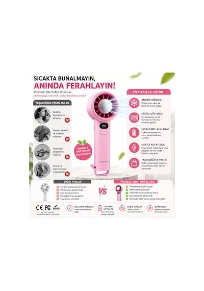 Dijital Göstergeli Mini El Fanı Taşınabilir Usb Şarjlı Cep Vantilatörü Zb171
