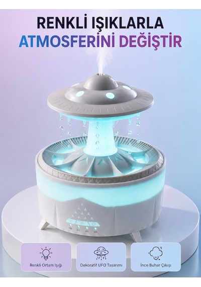 Rgb Işıklı Yağmur Efektli Hava Nemlendirici 350 Ml Sessiz Çalışma Uzaktan Kumanda Sarı