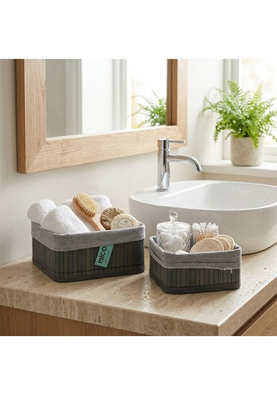 Kare Organizer Sepet - Bambu Kenarlı, Ahşap Taban, Bezli - 18x21 Cm Çok Renkli
