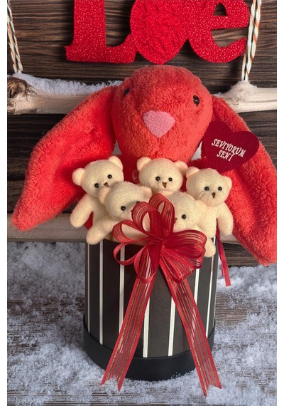 Sole Premium Özel Hediye Kutusunda 45 Cm Mercan Bunny Tavşan Ve 5 Adet Krem Peluş Ayıcık Buketi
