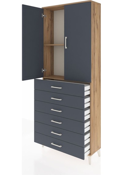 Arges Dolap 2 Raflı 6 Çekmeceli 2 Kapaklı 88x30x221 Çam-antrasit Çam