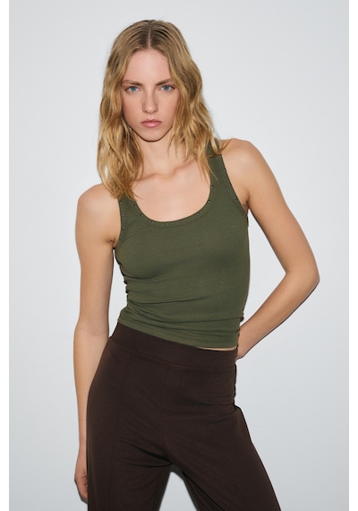 Ethıquet Lıllesol Kadın Fitilli Görünümlü Slim Fit Vücuda Oturan Havuz Yakalı Pamuklu Basic Haki Taş