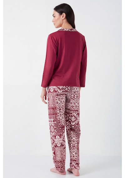 Lela Desenli Regular Fit Apaş Yaka Beli Lastikli Bol Paça Bayan Pijama Takımı 65714300 Bordo