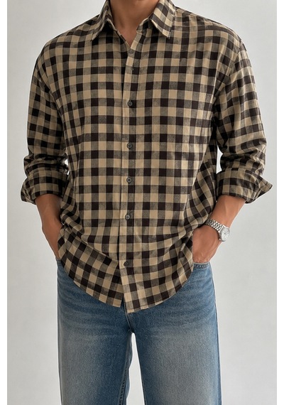Cool Tarz Erkek Ekose Desenli Oxford Regular Fit Uzun Kollu Gömlek Vizon-kahve Vizon-kahve