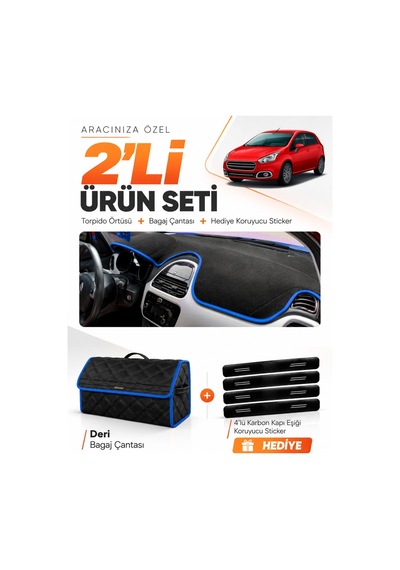 Fıat Punto Evo 2015-2021 Uyumlu Torpido Örtüsü + Deri Bagaj Çantası + Sticker Seti - Siyah Mavi