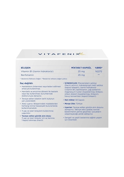 Vitafenix Vitamin B1 25mg Tiamin Ve Benfotiamin 60 Bitkisel Kapsül