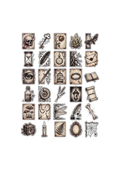 30 Adet Antika Gotik Obje Sticker Seti - Ajanda Scrapbook Laptop İçin Çok Renkli