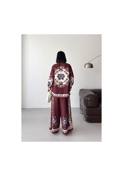 Wellway İthal Chokellaa Kumaş Çiçekli Tunik Gömlek & Pantolon 2li Takım-bordo -26123 Bordo