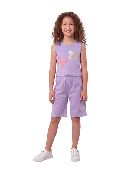 New Kids Kelebek Baskılı Şortta Kelebek Lla Yaldız Detaylı. Kız Çocuk Takım-91184 Lila