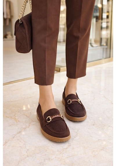 Modaonn Kadın Süet Tokalı Loafer Kahverengi