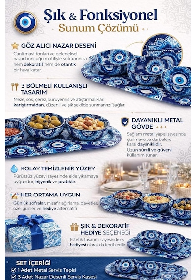3 Lü Nazar Boncuk Desenli Çerezlik Ve Sosluk Seti,metal Sunum Tepsili Mavi Desen Servis Kasesi Takımı, Atıştırmalık Ve Kahvaltılık Sunum Seti Diğer 3 Lü Nazar Boncuk Desenli Çerezlik Ve Sosluk Seti,metal Sunum Tepsili Mavi Desen Servis Kasesi Takımı, Atıştırmalık Ve Kahvaltılık Sunum Seti Diğer