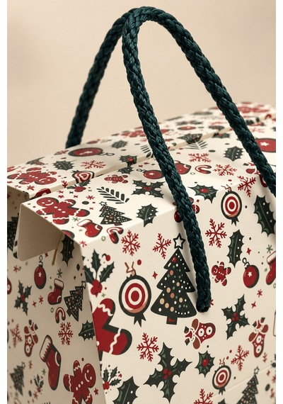 Yılbaşı Temalı İpli Karton Hediye Çantası, 1 Adet-20x14x25 Cm Yeniyıl Çam Ve Kurabiye Desenli Poşet