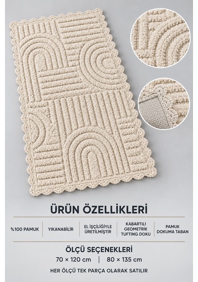Alanur Bodrum Tufting Cotton Pamuklu El Işi Örgülü Paspas 113 80 X 135 Cm Bej