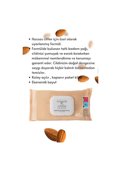 Byphasse Tatlı Badem Yağlı Makyaj Temizleme Mendili Hassas Ciltler 40'lı