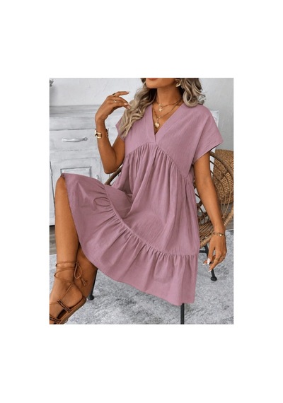 Butik İstanbul Kadın Kısa Kollu V Yakalı Fırfırlı Kısa Elbise Pembe