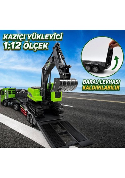 Uzaktan Kumandalı Lisanslı Tır Ve Ekskavatör 1:12 Ölçek 6 Fonksiyon 1 Kumanda 2 Araç Oyuncak Tır Çok Renkli