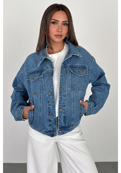 Kadın Açık Mavi Yıkamalı Oversize Beli Lastikli Düğmeli Kot Ceket 2 Beden Küçük Alın Lara-5011