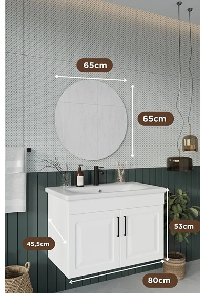 Reyhan 80 Cm %100 Mdf Lavabolu Banyo Dolabı + Ayna Beyaz