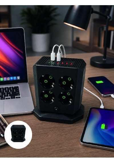 Çoklu Priz 8 Çıkışlı 4 Usb 2 Typec Anahtarlı Dikey Priz Kulesi 0 - 2 M