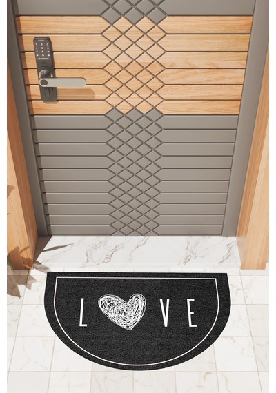 Rugmood Modern Dijital Paspas Siyah Kalp Love Kapı Önü Paspası