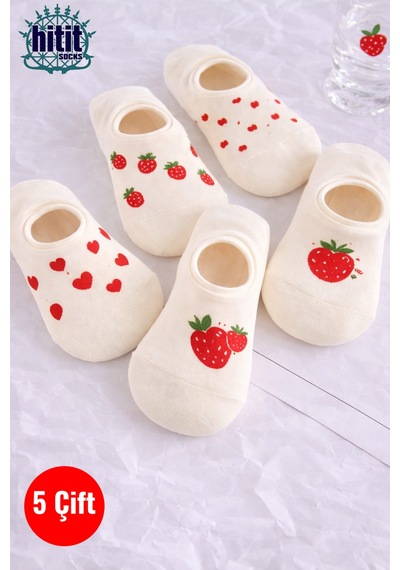 Hitit Socks Kadın5 Çift Çilek Ve Kalp Desenli Yüksek Pamuklu ... Çok Renkli