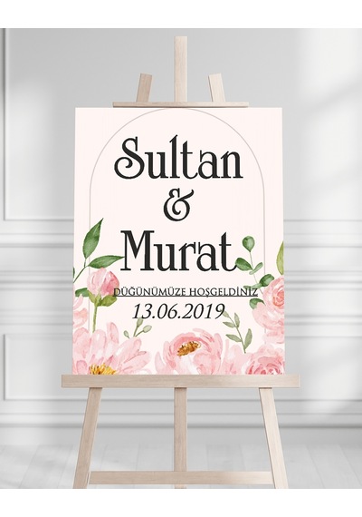 Söz Nişan Düğün İçin 50x70 Karşılama Panosu - Pembe Çiçek Ve Yaprak Tasarımlı Beyaz