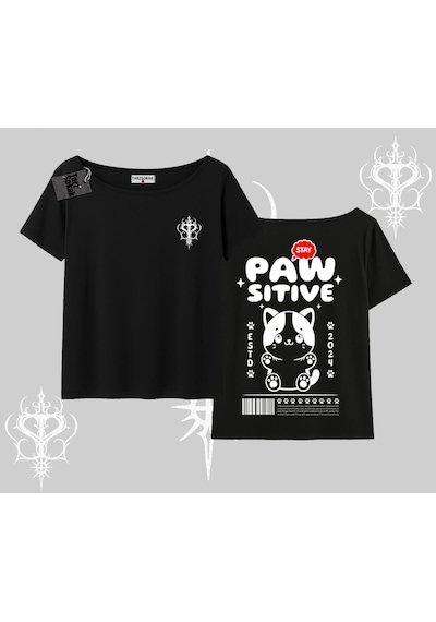 Tarzsokak Paw Sitive Kedi Arka Baskılı Kayık Yaka Tshirt Siyah