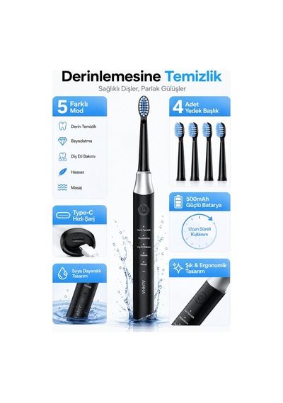 Robeve Auhma Amf13 Elektrikli Diş Fırçası 15.000 Vpm Sonic Titreşim 5 Temizlik Modu 4 Yedek Fırça Başlığı Type-c Şarj Ipx7 Suya Dayanıklı Şarjlı Diş Fırçası Siyah