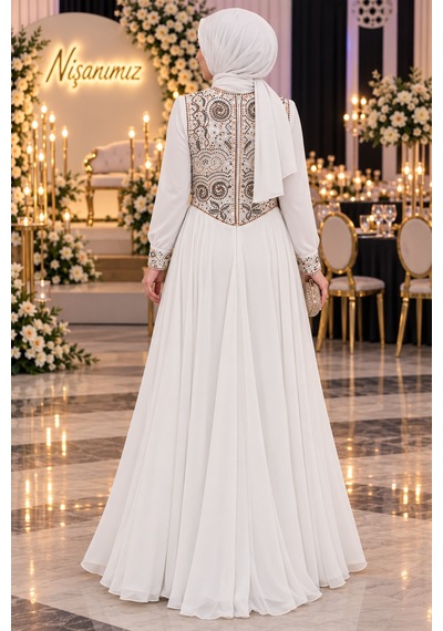 Gül&can Butik İşlemeli Tesettür Nişan Elbisesi Zarif & Şık Tasarım Beyaz