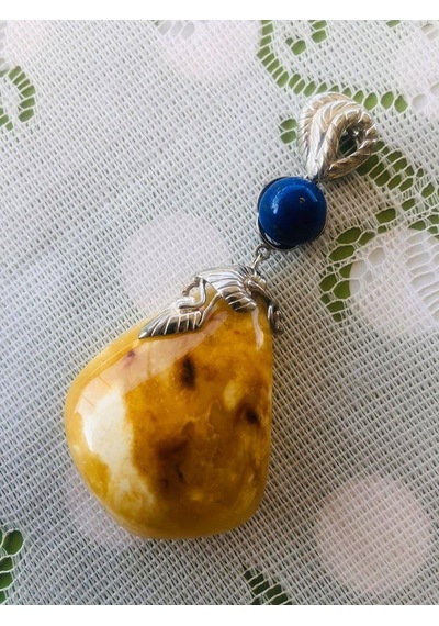 Doğal Kaya Damla Kehribar Lapis Lazuli Taşlı Kolye Ucu 28,8 Gram