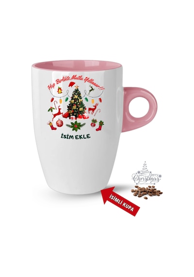 Yılbaşı Hediyesi Mutlu Yıllar Çam Ağacı İsimli Baskılı Porselen Latte Kupa Bardak Pembe Pembe