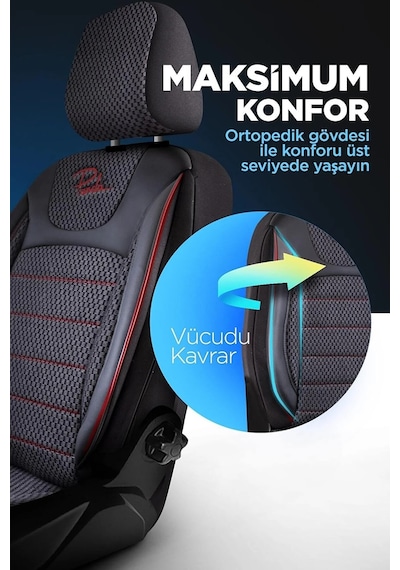 Siyah - Kırmızı Panda Prestij Serisi Dokuma Kumaş Oto Koltuk Kılıfı - Tam Set
