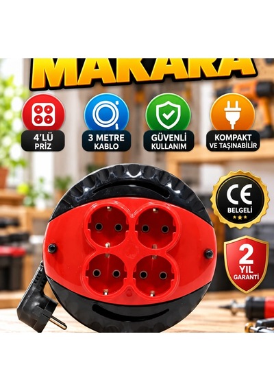 3 Metre 4 Lü Kablolu Priz Makara Kırmızı Ce Belgeli Diğer