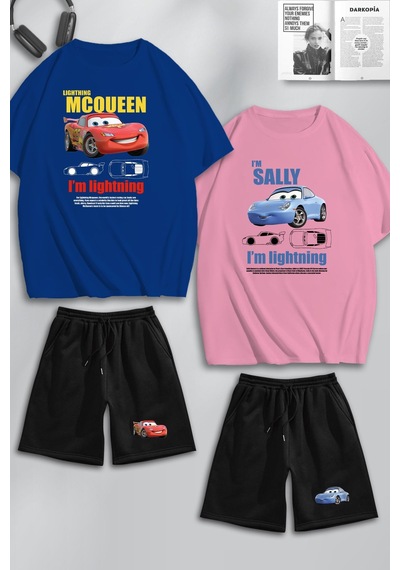 Unisex Kadın Erkek I'm Sally & Mcqueen Baskılı Sevgili Çift Kombini Tasarım Oversize T Shirt Ve Şort Mavi Pembe Siyah Mck0417 Çok Renkli